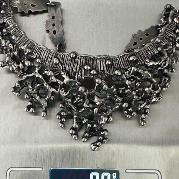 Vintage Guy Vidal Modernist Brutalist Necklace Pewter Bib 70's - Picture 5 of 5